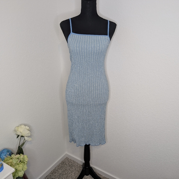 💘 Aritzia Wilfred Jazz Blue Spaghetti Strap Bodycon Seersucker mini dress XS - Picture 3 of 7